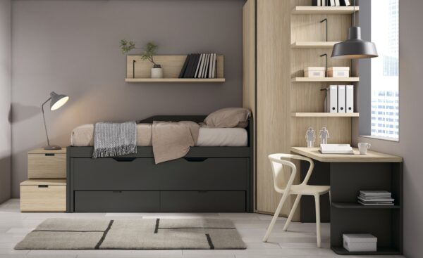 Quarto Juvenil Sonrie 54 com cama de arrasto, gavetas amplas e secretária com estantes | Moveistore