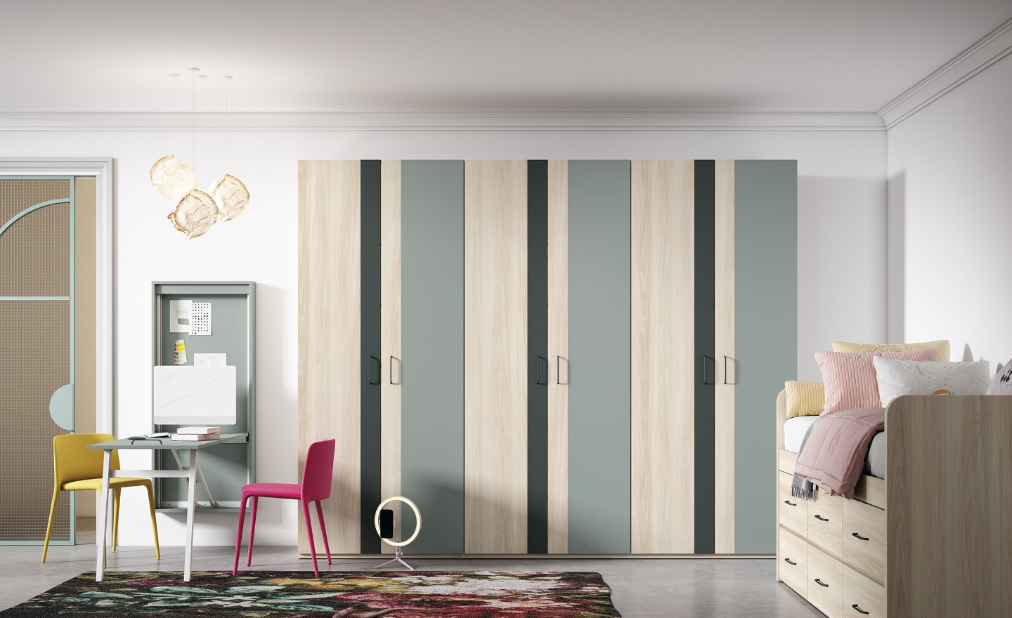 Quarto Juvenil Sonrie 55 com cama deslizante, gavetas inferiores e secretária de parede | Moveistore