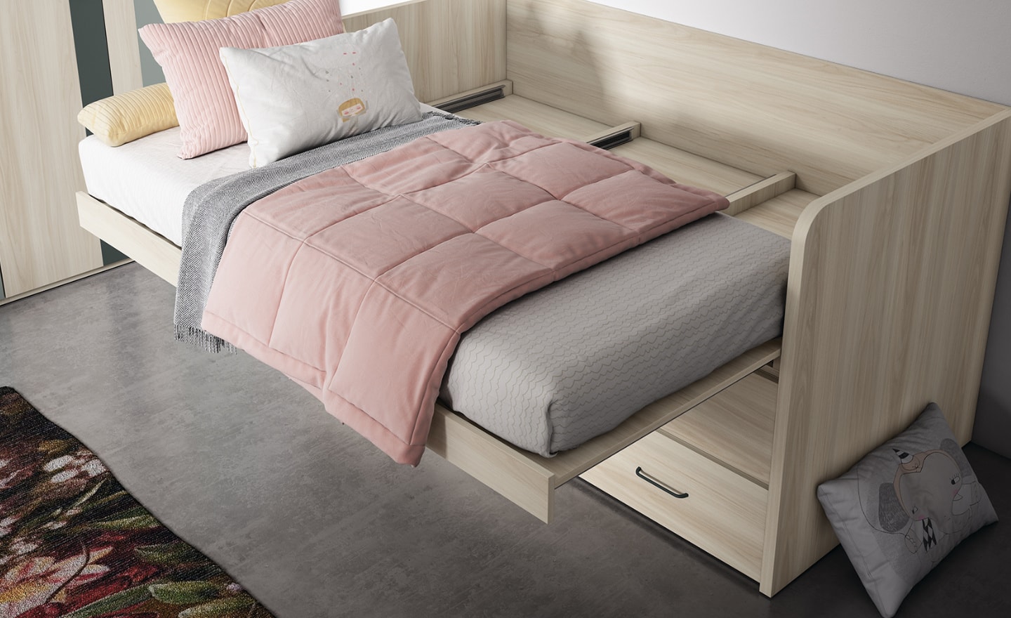 Quarto Juvenil Sonrie 55 com cama deslizante, gavetas inferiores e secretária de parede | Moveistore
