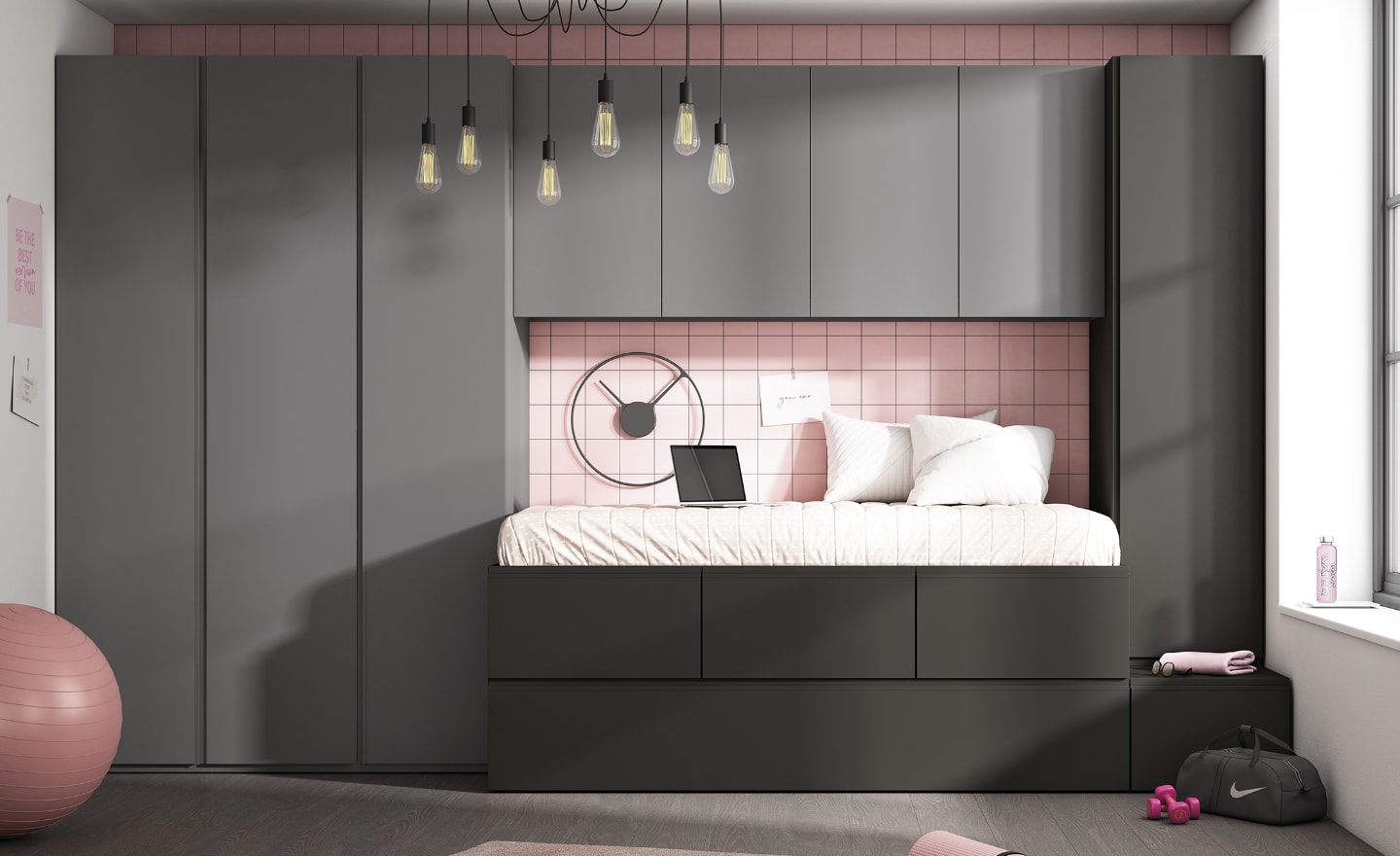 Quarto Juvenil Sonrie 58 com cama elevada, gavetões, roupeiros verticais e armários suspensos | Moveistore