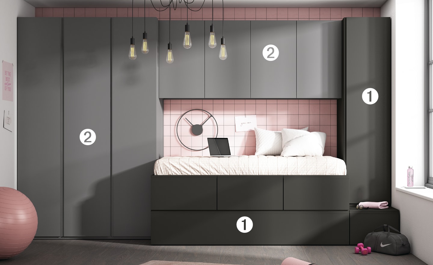 Quarto Juvenil Sonrie 58 com cama elevada, gavetões, roupeiros verticais e armários suspensos | Moveistore