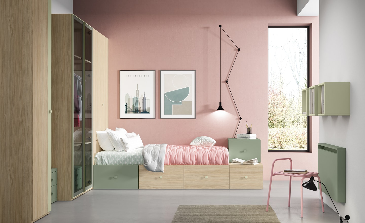 Quarto Juvenil Sonrie 59 com cama com gavetas, roupeiro de vidro e secretária rebatível | Moveistore