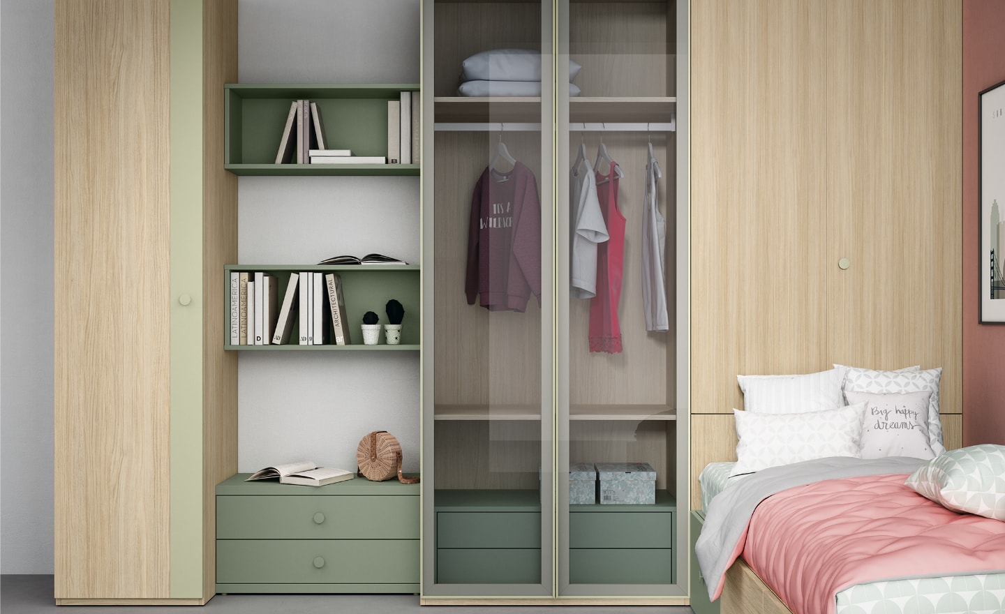 Quarto Juvenil Sonrie 59 com cama com gavetas, roupeiro de vidro e secretária rebatível | Moveistore