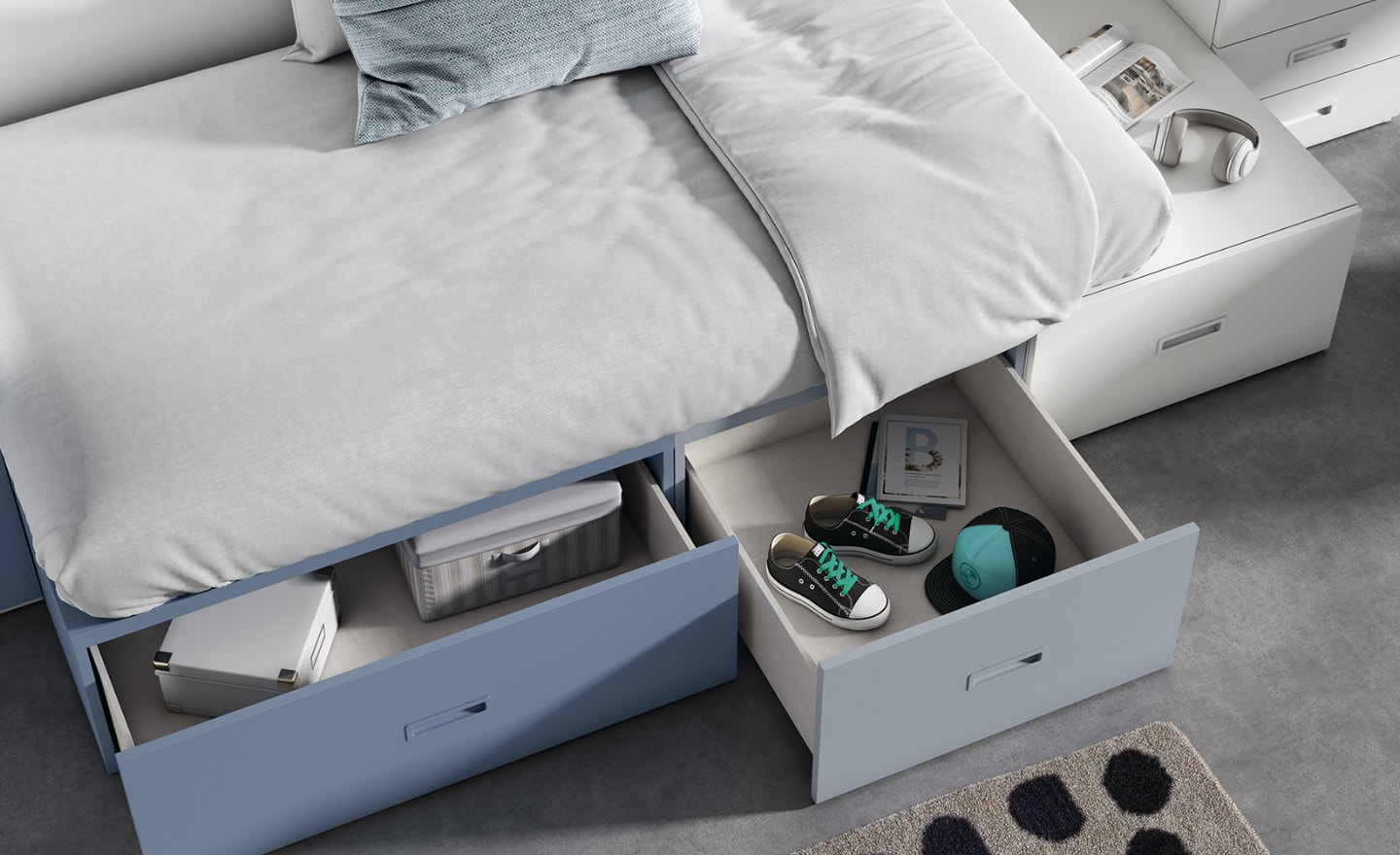 Quarto Juvenil Sonrie 60 com cama com gavetas, secretária em L e roupeiro moderno | Moveistore