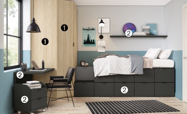 Quarto Juvenil Sonrie 65 com cama de arrumação elevada, secretária e roupeiro de canto moderno | Moveistore
