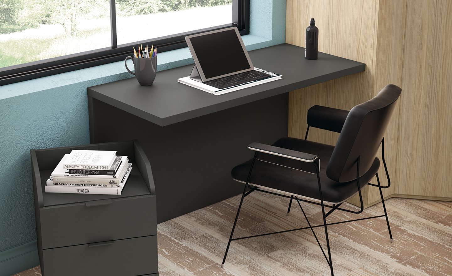 Quarto Juvenil Sonrie 65 com cama de arrumação elevada, secretária e roupeiro de canto moderno | Moveistore