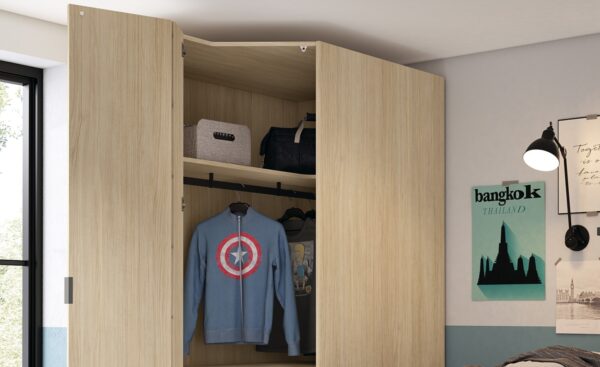 Quarto Juvenil Sonrie 65 com cama de arrumação elevada, secretária e roupeiro de canto moderno | Moveistore