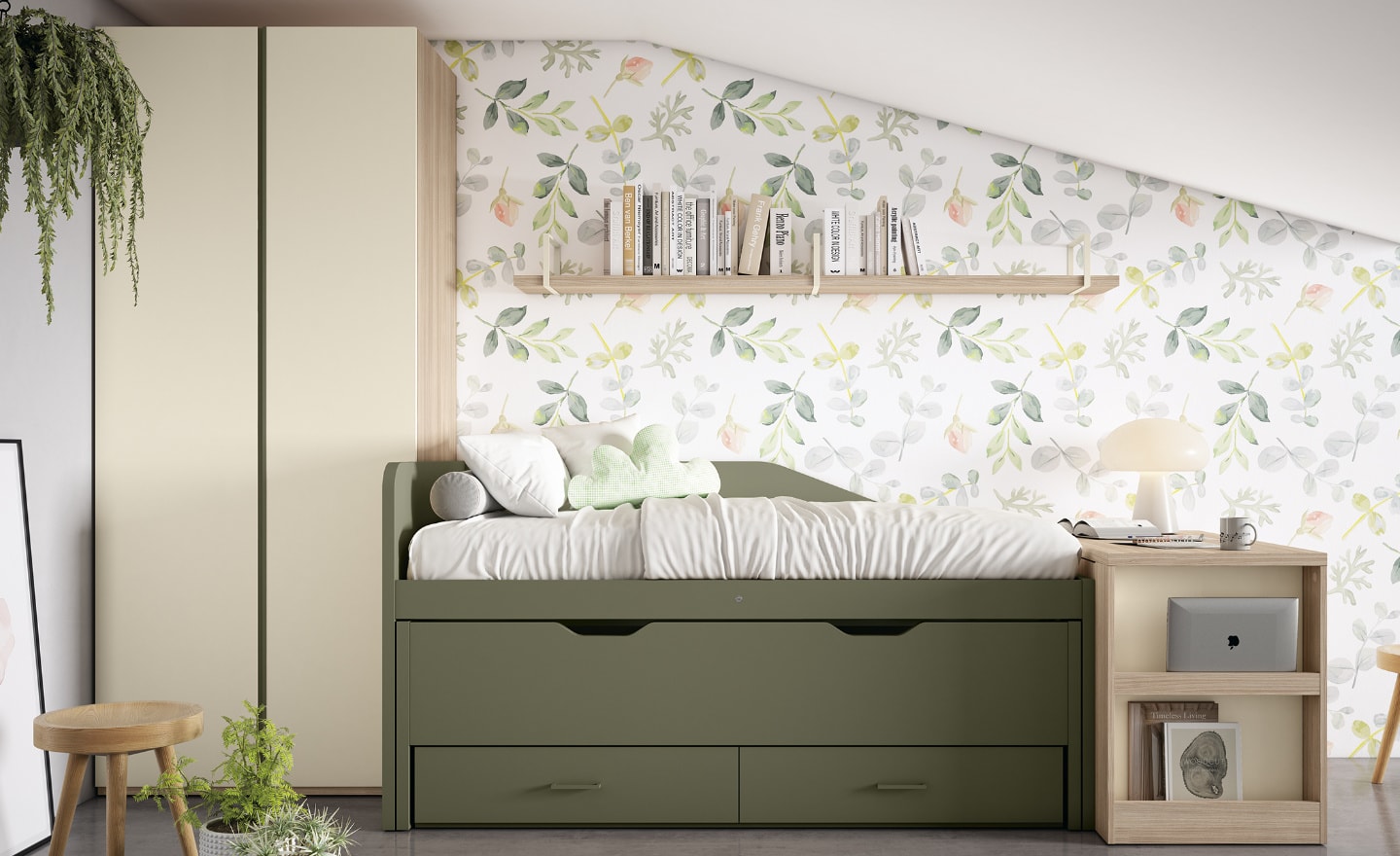 Quarto Juvenil Sonrie 56 com cama de arrasto e secretária giratória integrada | Moveistore