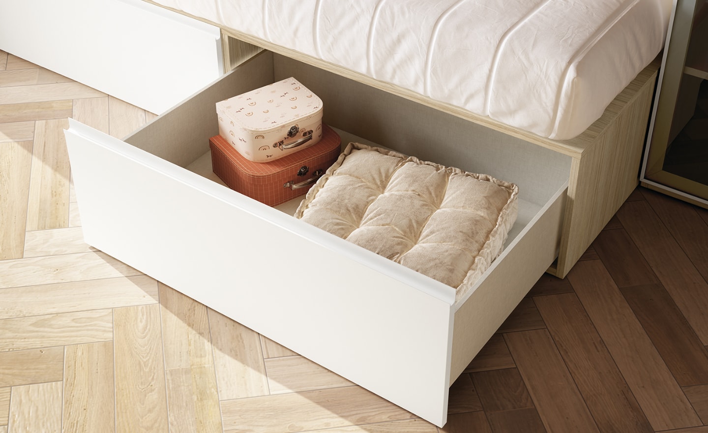 Quarto Juvenil Sonrie 66 com cama de arrumação, roupeiro em vidro e iluminação LED integrada | Moveistore