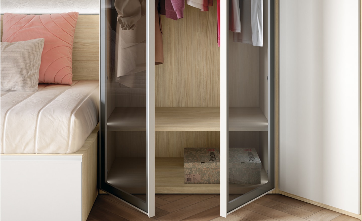 Quarto Sonrie 66 – Design moderno com arrumação total e iluminação funcional