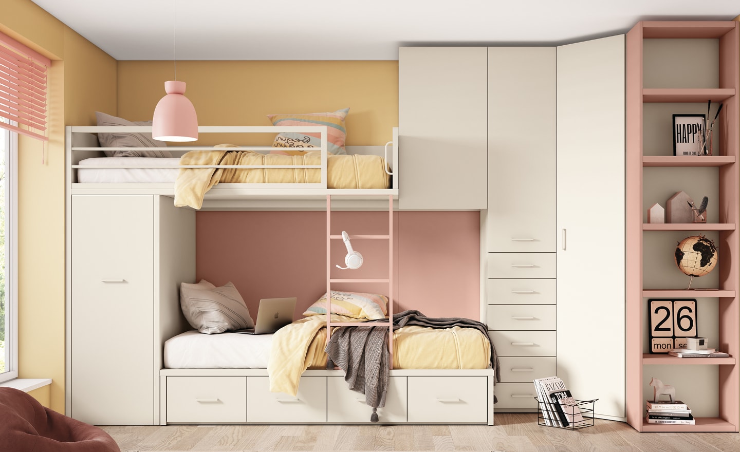 Quarto Juvenil Sonrie 78 com beliche, gavetões, roupeiro de canto e estante integrada | Moveistore