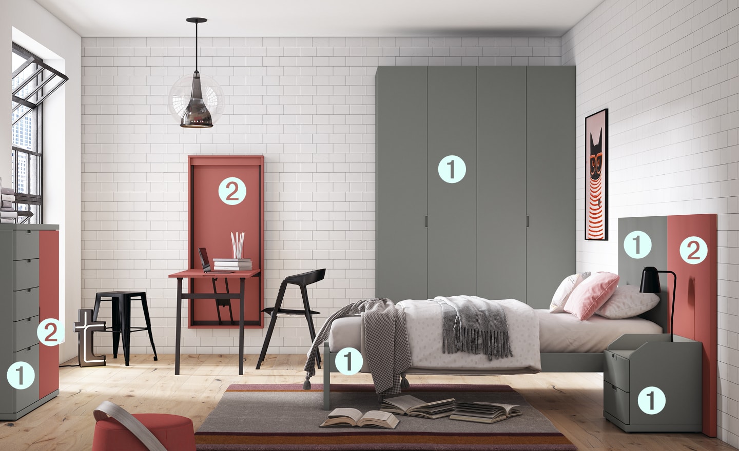 Quarto Juvenil Sonrie 87 com cama simples e secretária rebatível | Moveistore