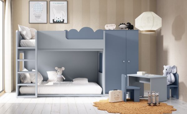 Quarto Sonrie 106 – beliche com escada, mesa infantil e arrumação Quarto Juvenil com Beliche Sonrie 106 com cama, roupeiro e zona de brincadeira | Moveistore