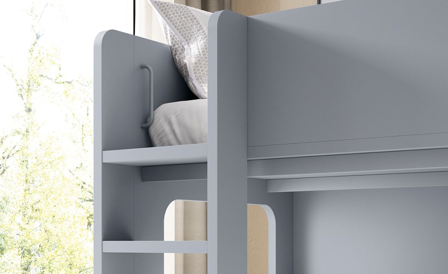 Quarto Sonrie 106 – beliche com escada, mesa infantil e arrumação