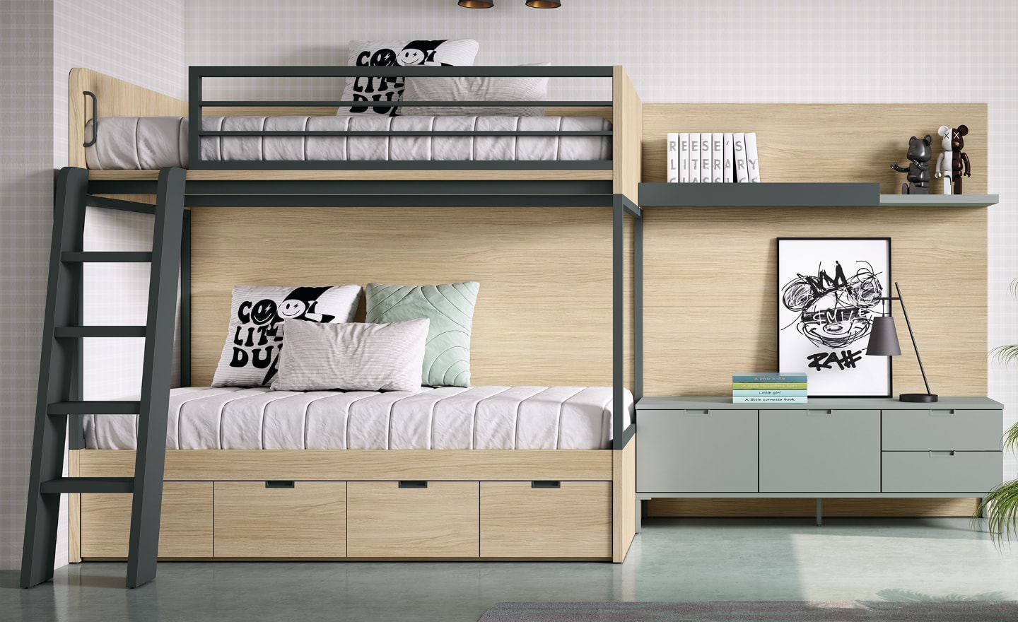 Quarto Juvenil com Beliche Sonrie 82 com estrutura metálica e gavetas inferiores integradas | Moveistore