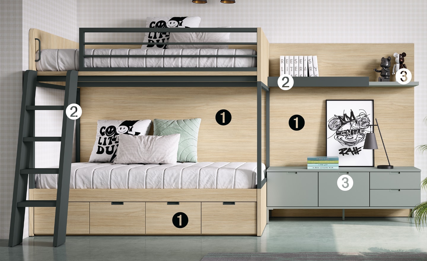 Quarto Juvenil com Beliche Sonrie 82 com estrutura metálica e gavetas inferiores integradas | Moveistore