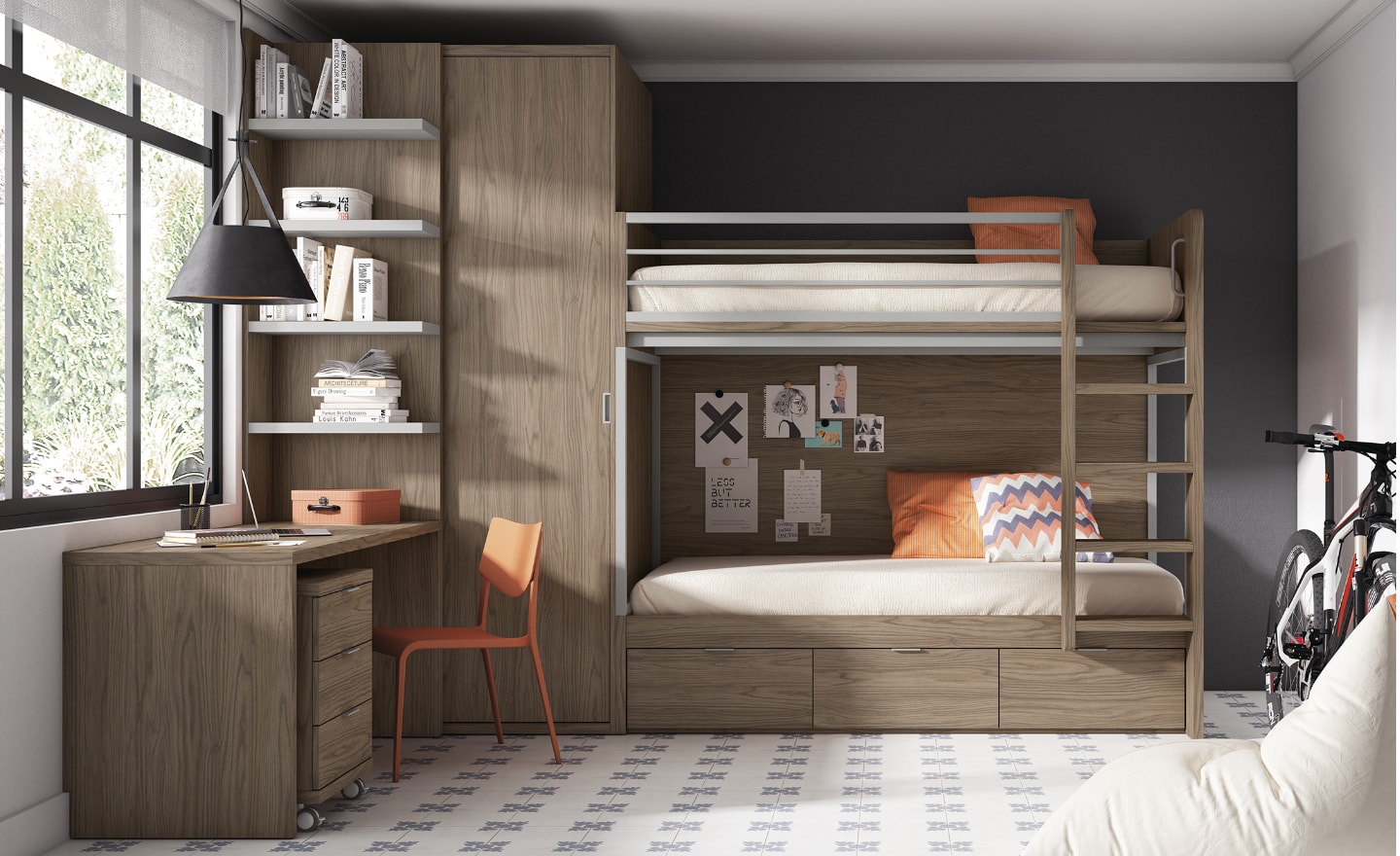 Quarto Juvenil com Beliche Sonrie 85 com secretária, roupeiro e gavetas | Moveistore