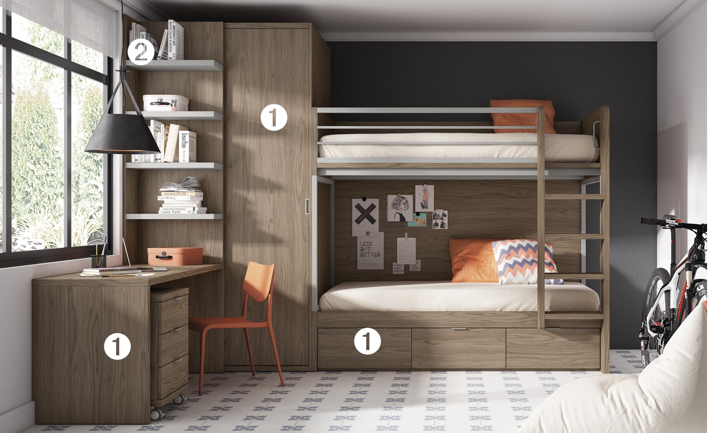 Quarto Juvenil com Beliche Sonrie 85 com secretária, roupeiro e gavetas | Moveistore