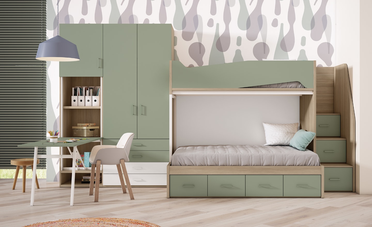 Quarto Juvenil com Beliche Sonrie 84 com escada e gavetas integradas | Moveistore