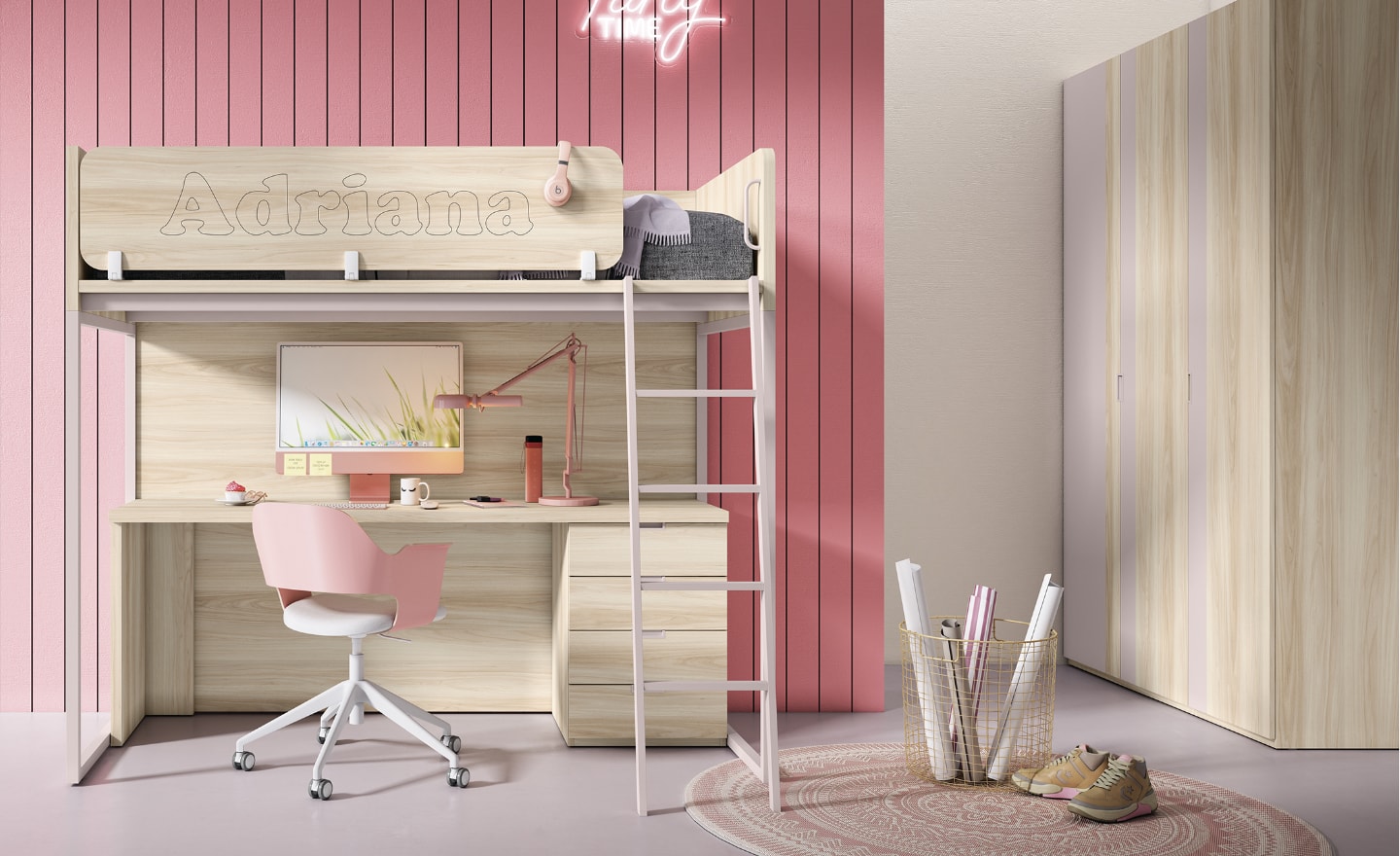 Quarto Juvenil com Cama Alta Sonrie 86 com secretária integrada | Moveistore