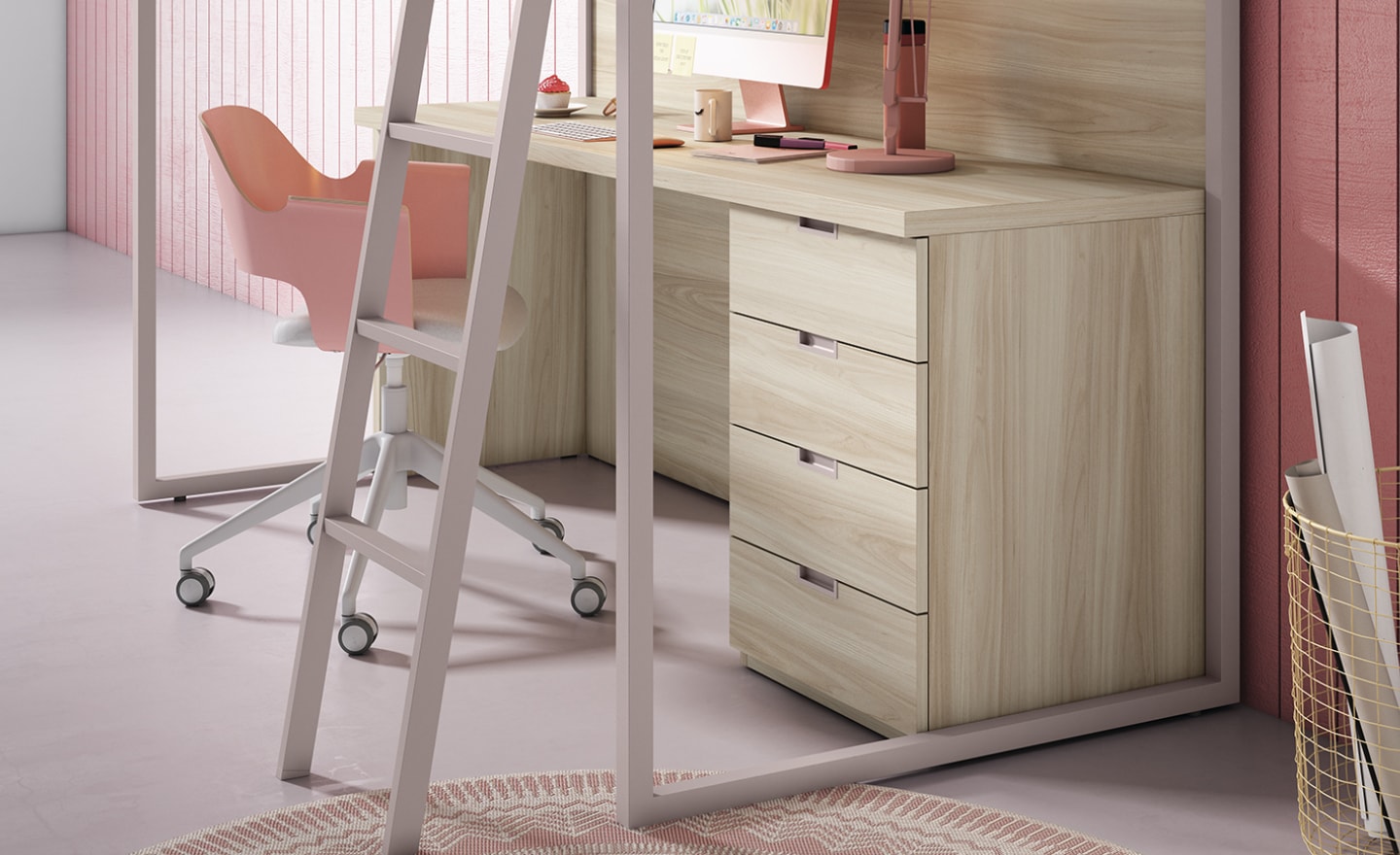 Quarto Juvenil com Cama Alta Sonrie 86 com secretária integrada | Moveistore