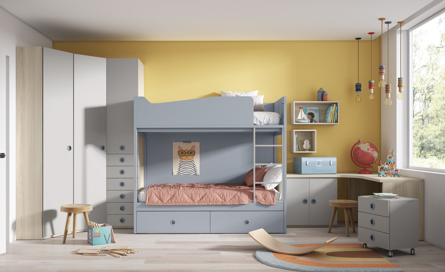 Quarto Juvenil com Beliche Sonrie 83 com secretária em L e gavetas inferiores | Moveistore