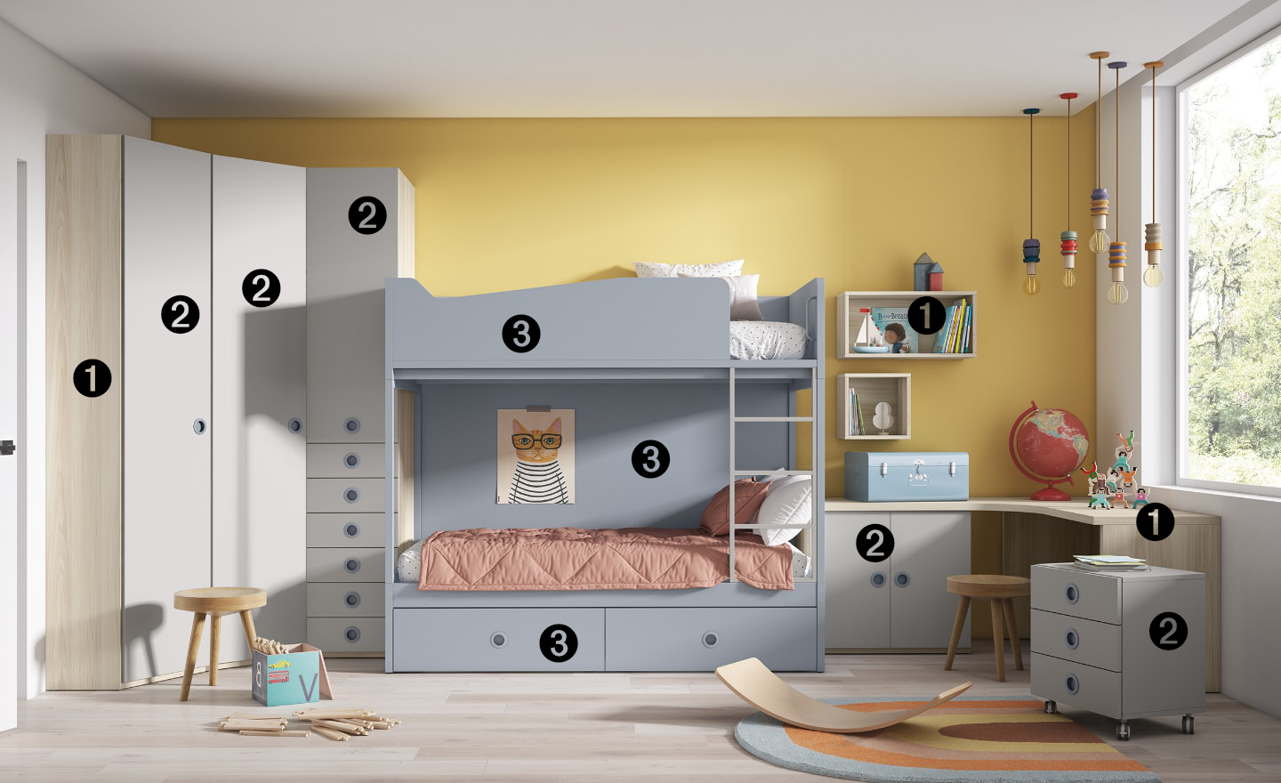 Quarto Juvenil com Beliche Sonrie 83 com secretária em L e gavetas inferiores | Moveistore