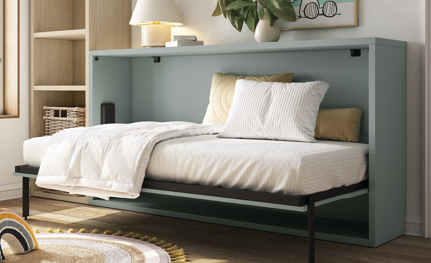 Quarto com Cama Rebatível Horizontal Sonrie 74 com estantes abertas e secretária integrada na parede | Moveistore