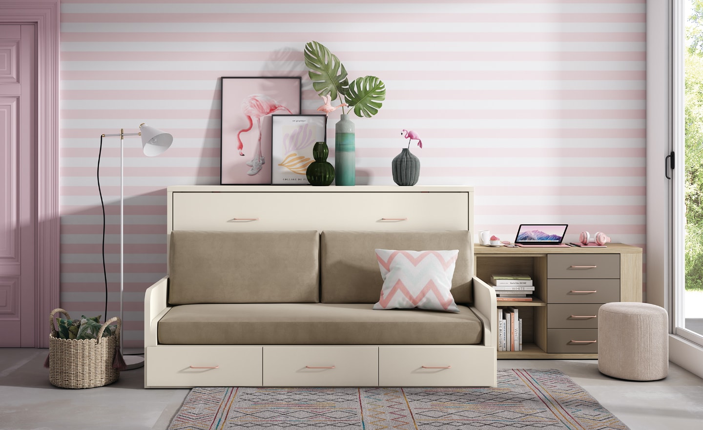 Cama Rebatível Horizontal com Sofá Sonrie 76 com almofadas e arrumação | Moveistore