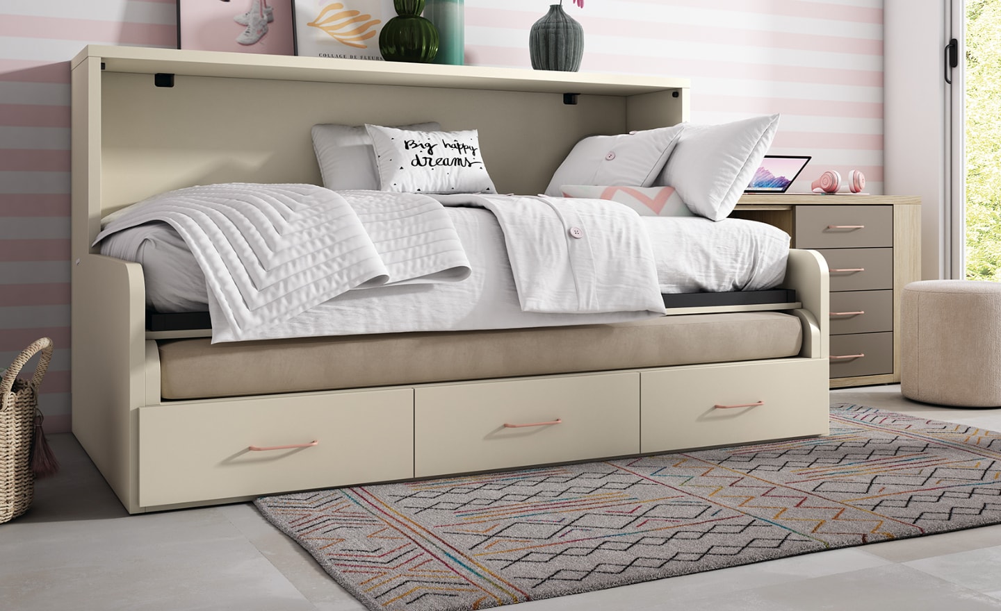 Cama Rebatível Horizontal com Sofá Sonrie 76 com almofadas e arrumação | Moveistore