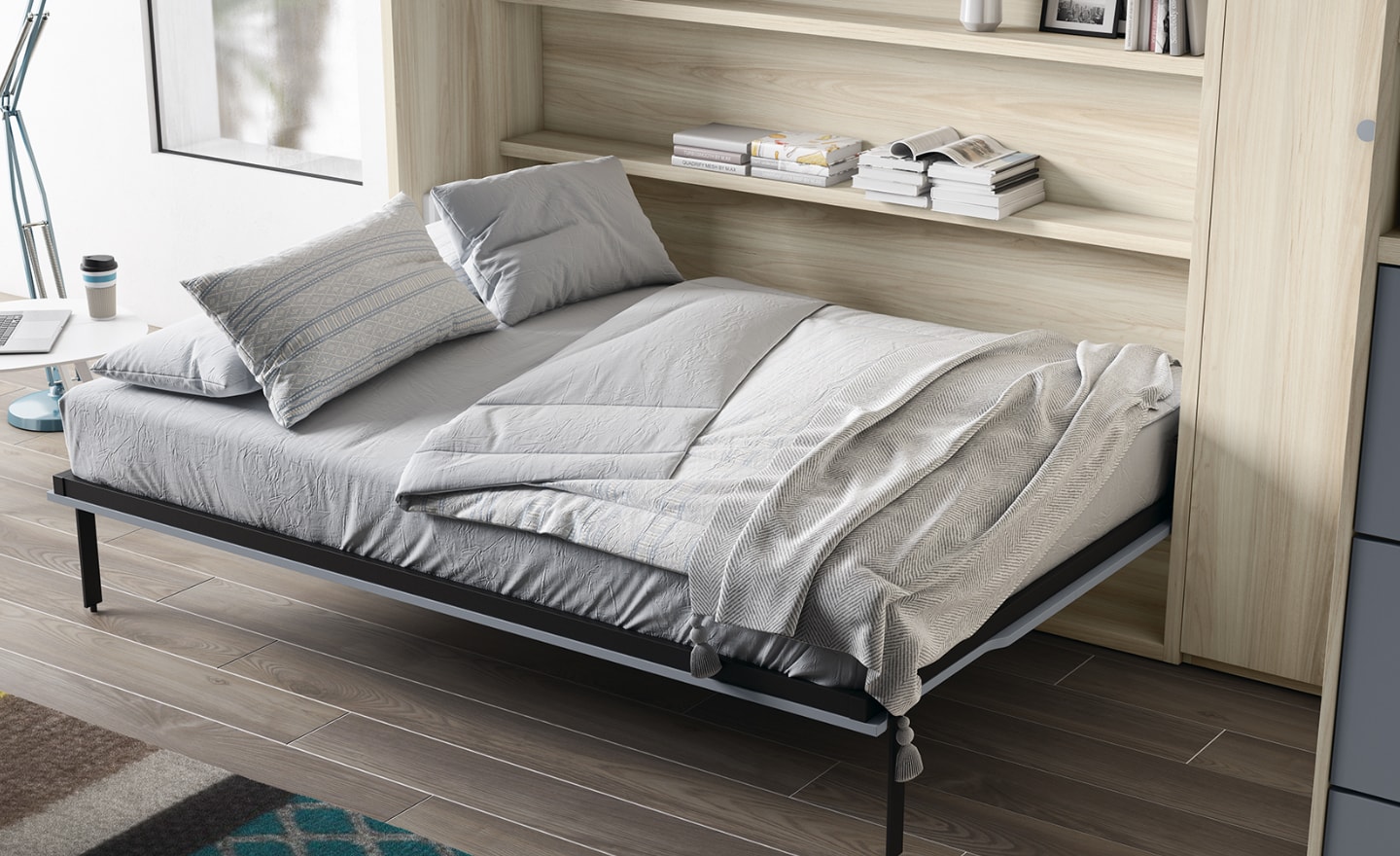 Quarto com Cama Rebatível Sonrie 69 com roupeiro lateral e arrumação integrada | Moveistore