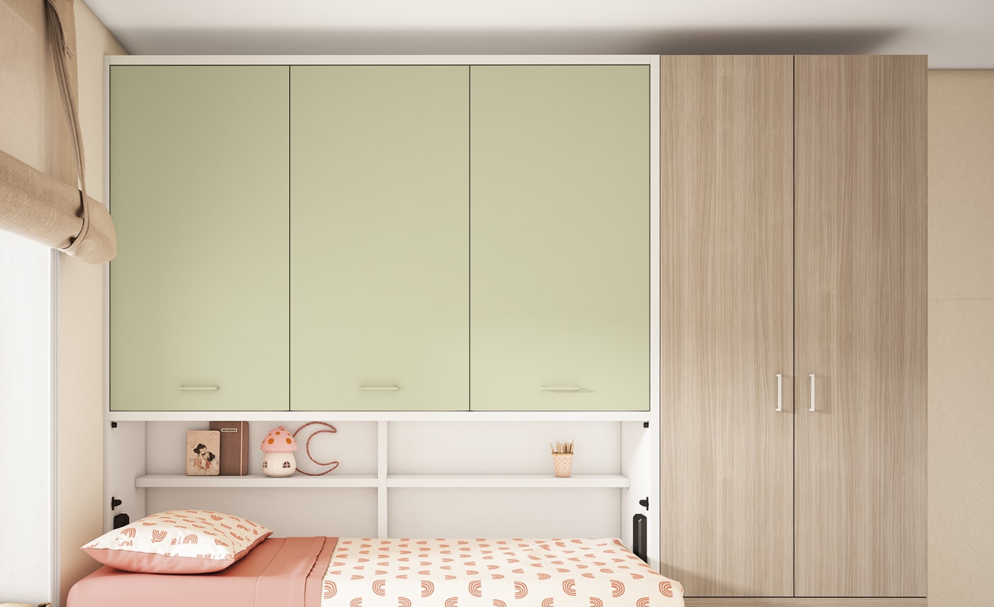 Cama Sonrie 68 – Quarto com cama rebatível horizontal, secretária e arrumação funcional