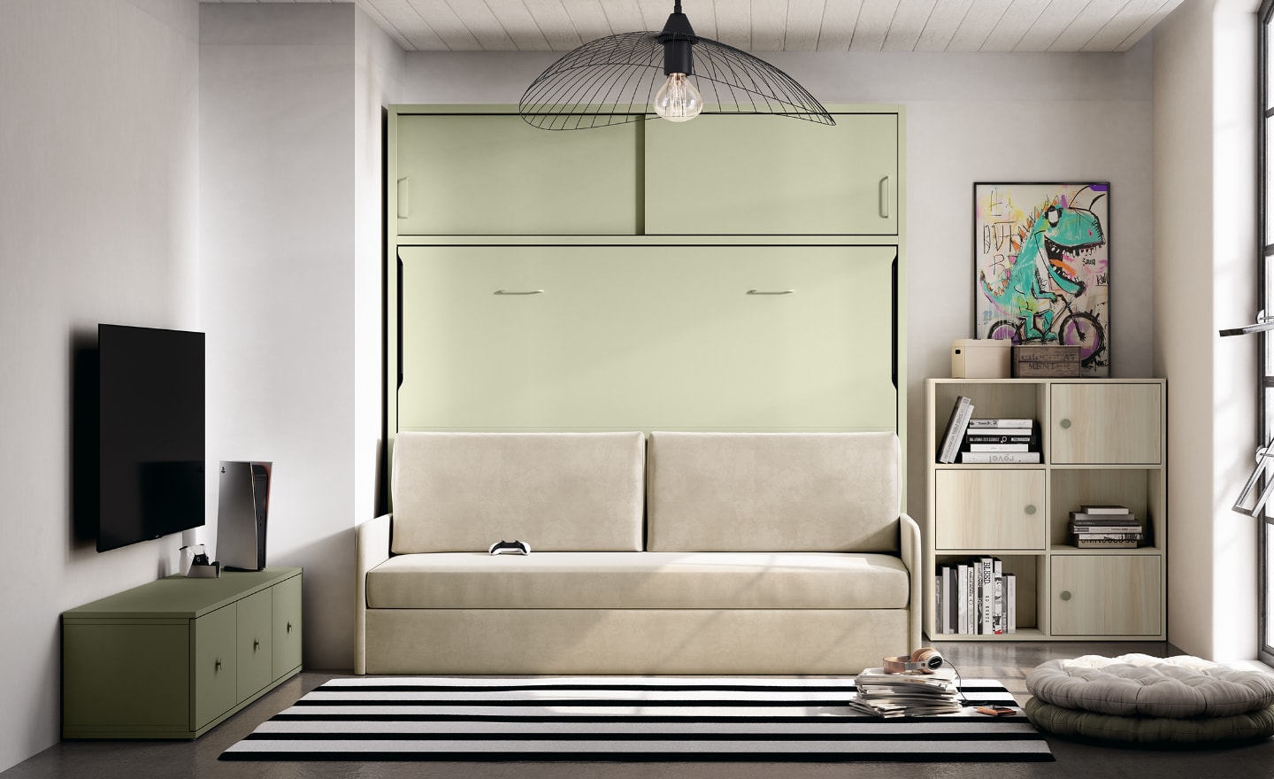 Quarto com Cama Rebatível Horizontal com Sofá Sonrie 71 e módulo superior com portas deslizantes | Moveistore