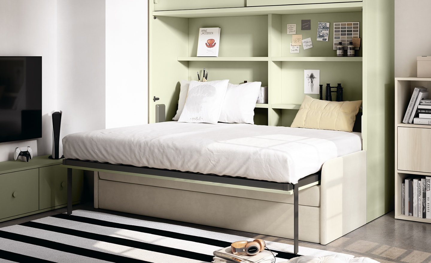 Quarto com Cama Rebatível Horizontal com Sofá Sonrie 71 e módulo superior com portas deslizantes | Moveistore