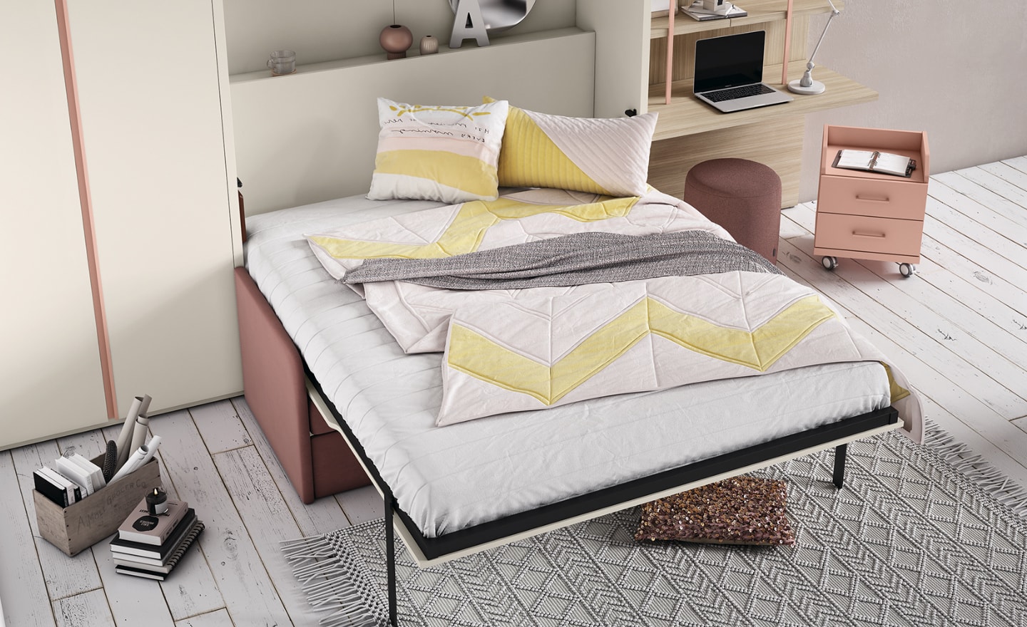 Quarto com Cama Rebatível Vertical com Sofá Sonrie 70 com sofá e arrumação integrada | Moveistore