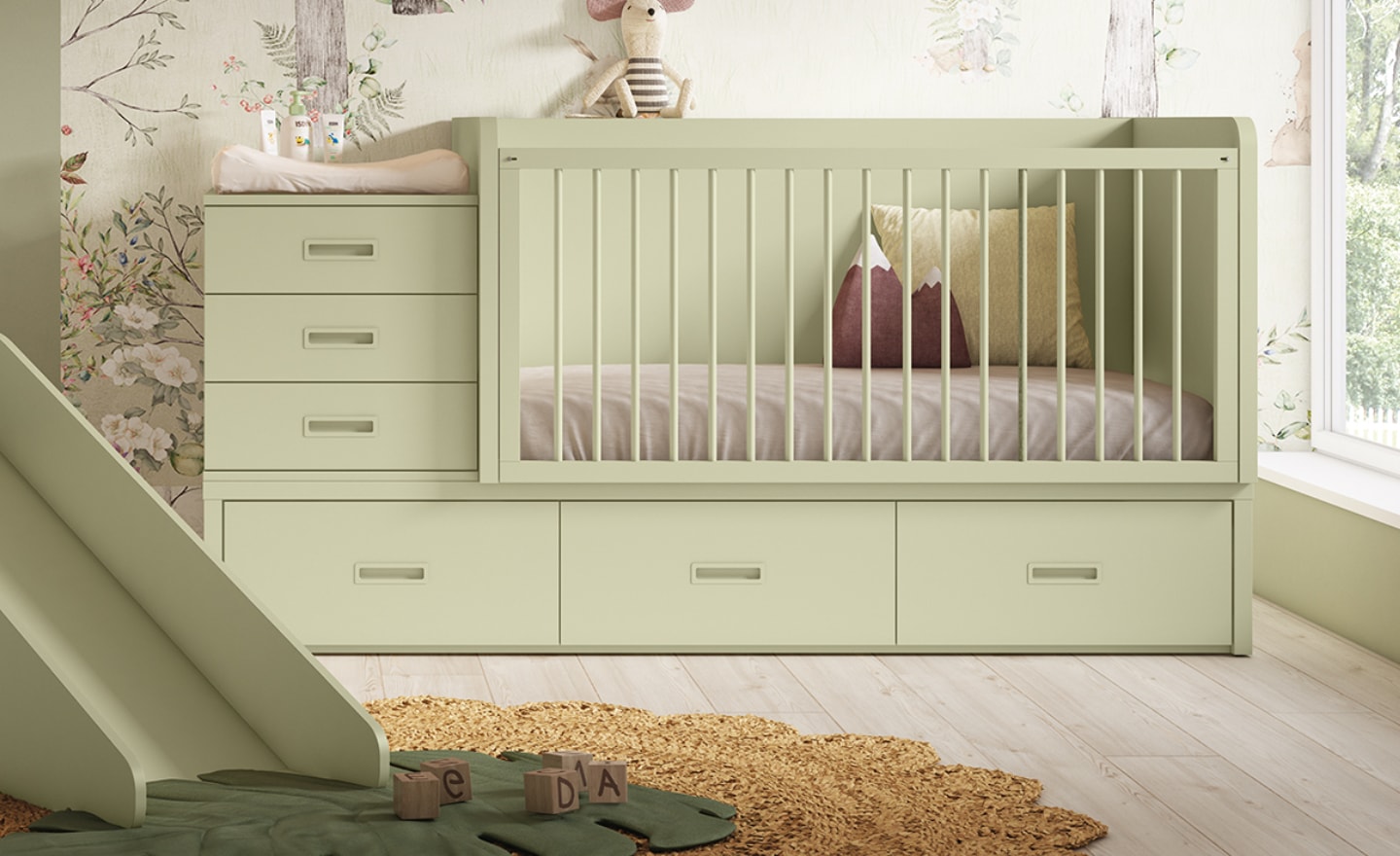 Quarto Sonrie 100 – cama de bebé com arrumação e escorrega incluído