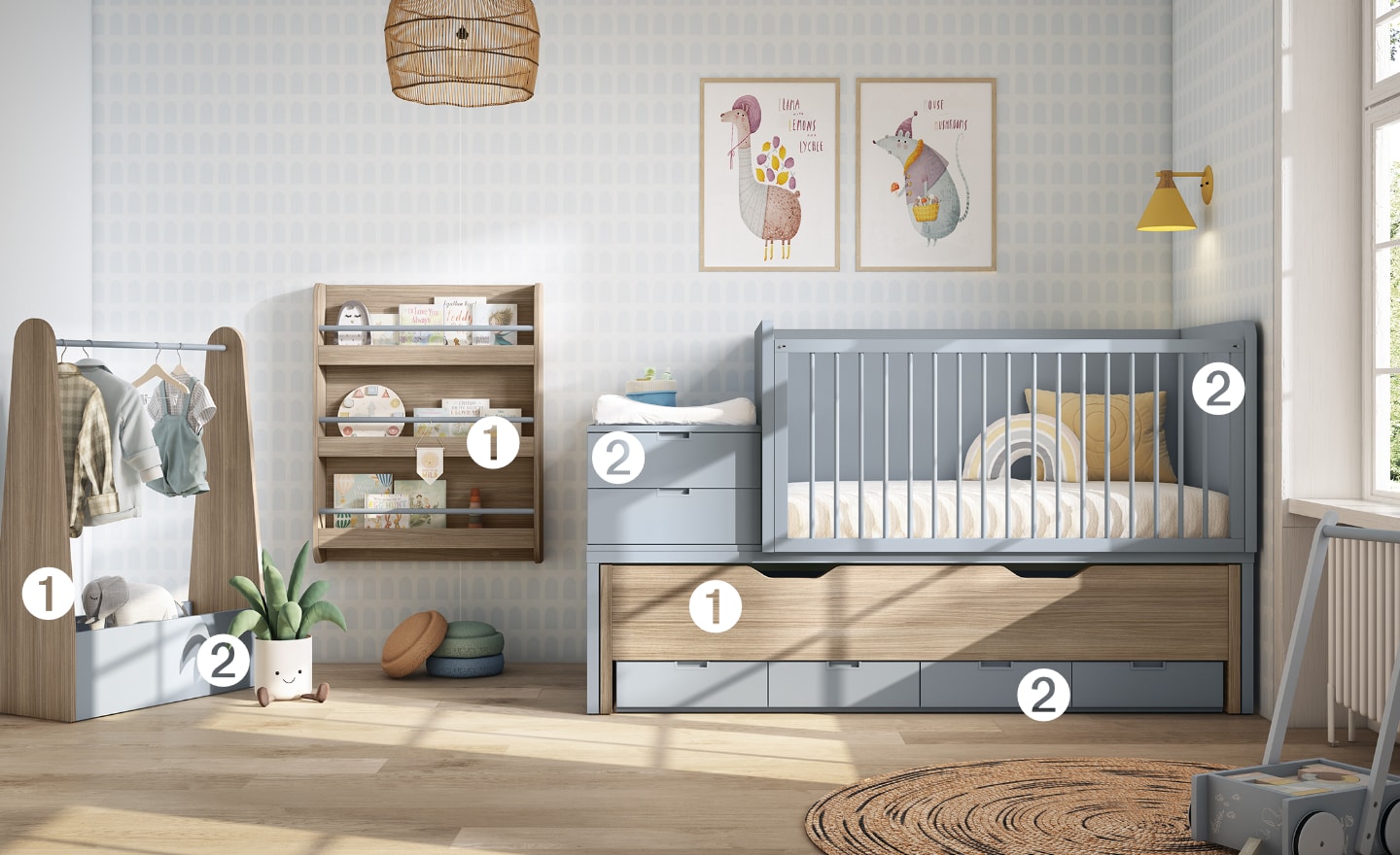 Quarto de Bebé Conversível Sonrie 99 com cama e módulo de arrumação evolutivo | Moveistore