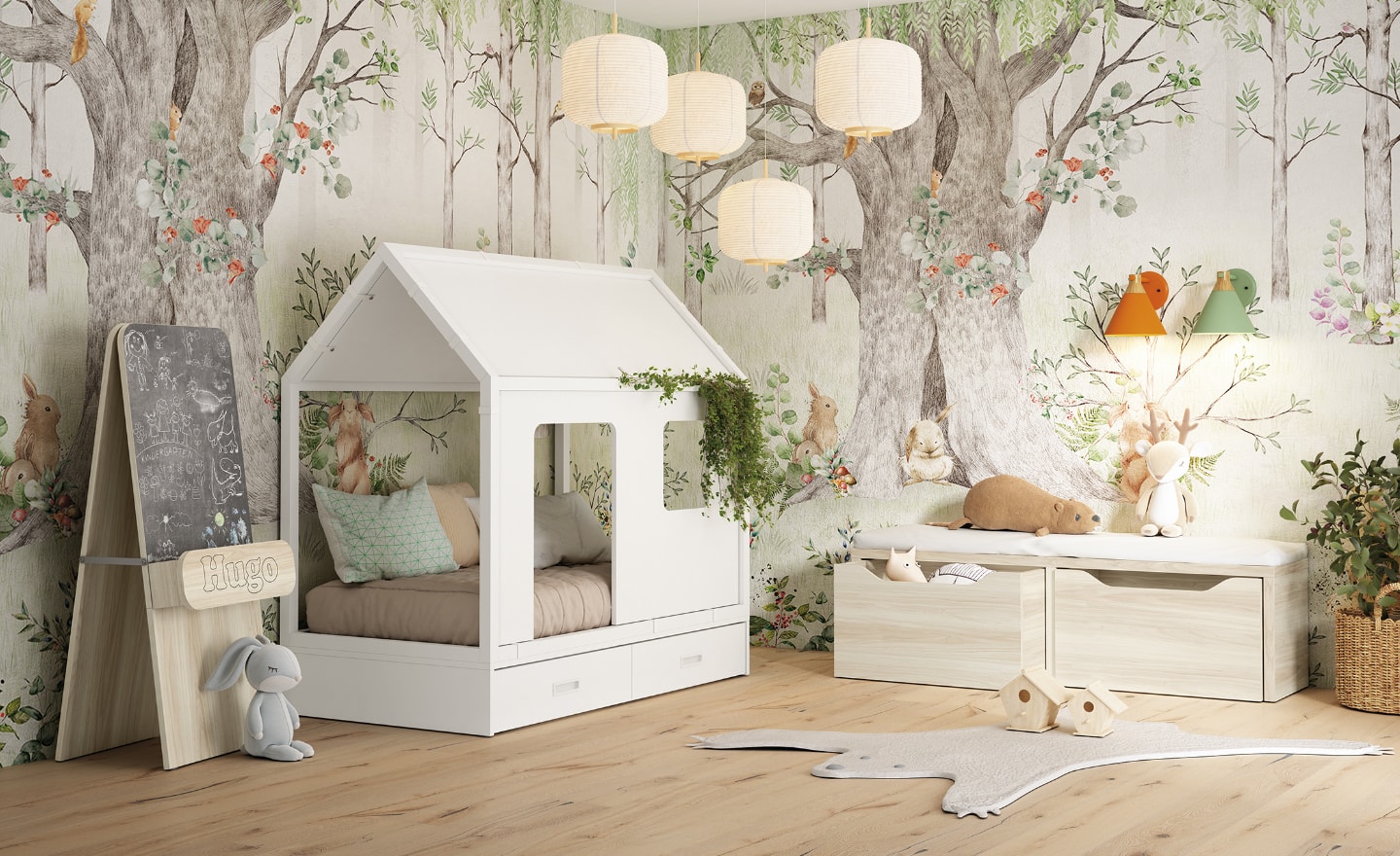 Quarto de Bebé Sonrie 101 com cama casinha, gavetas e módulos de arrumação | Moveistore