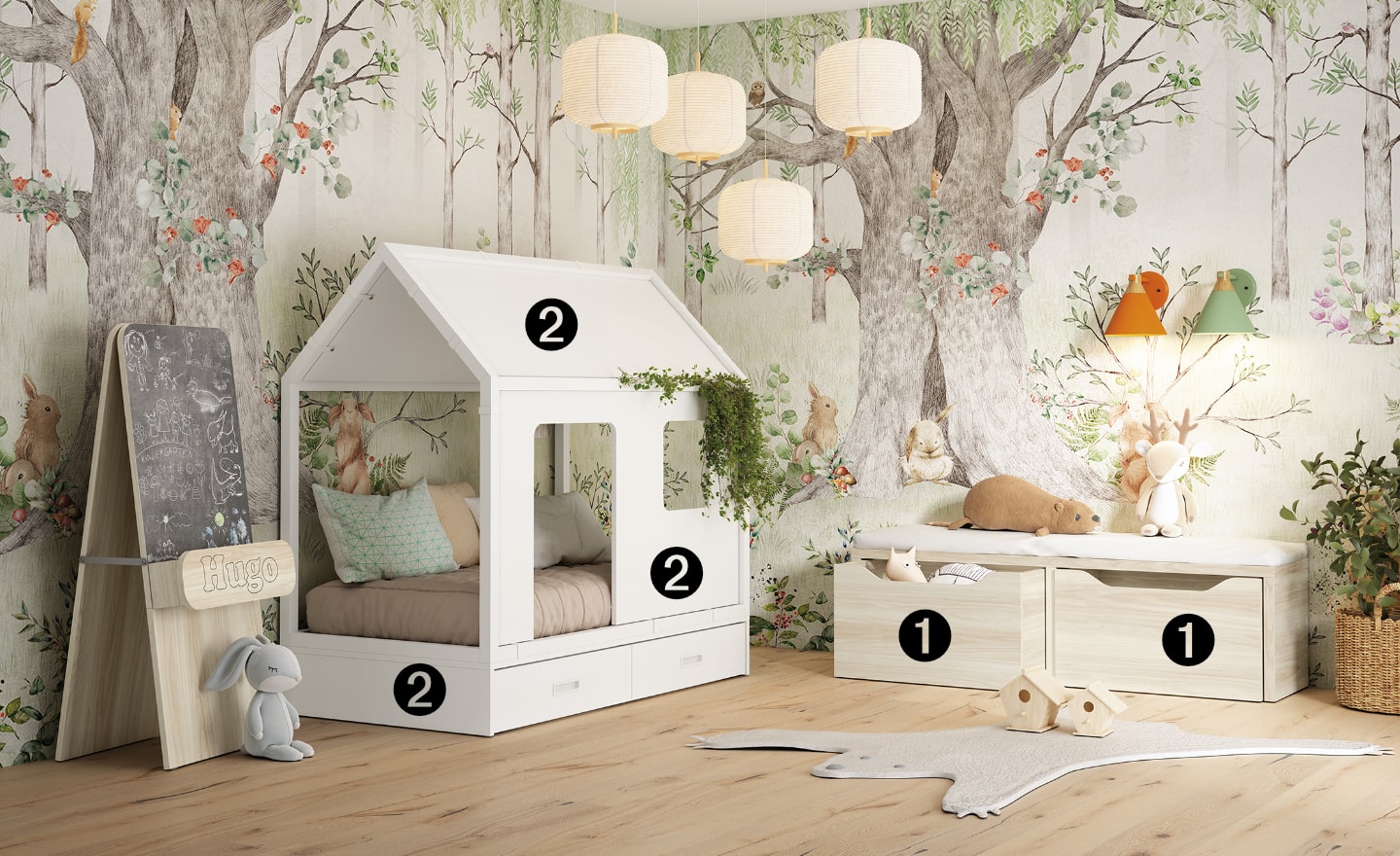 Quarto de Bebé Sonrie 101 com cama casinha, gavetas e módulos de arrumação | Moveistore