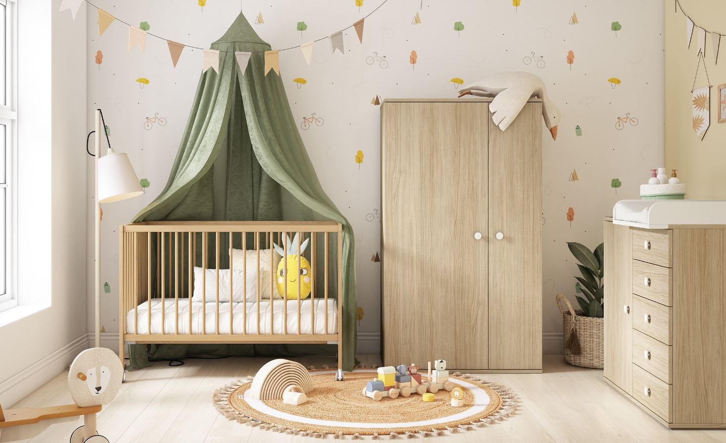 Quarto de Bebé Sonrie 97 com berço, fraldário e roupeiro funcional | Moveistore