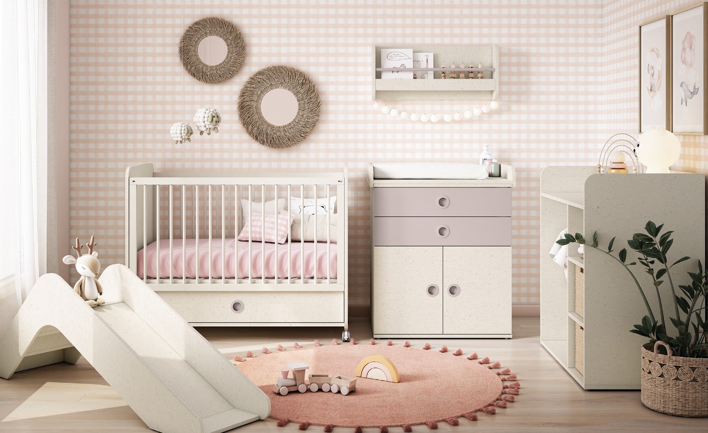 Quarto de Bebé Sonrie 98 com berço, cómoda, cabide e estante de parede | Moveistore