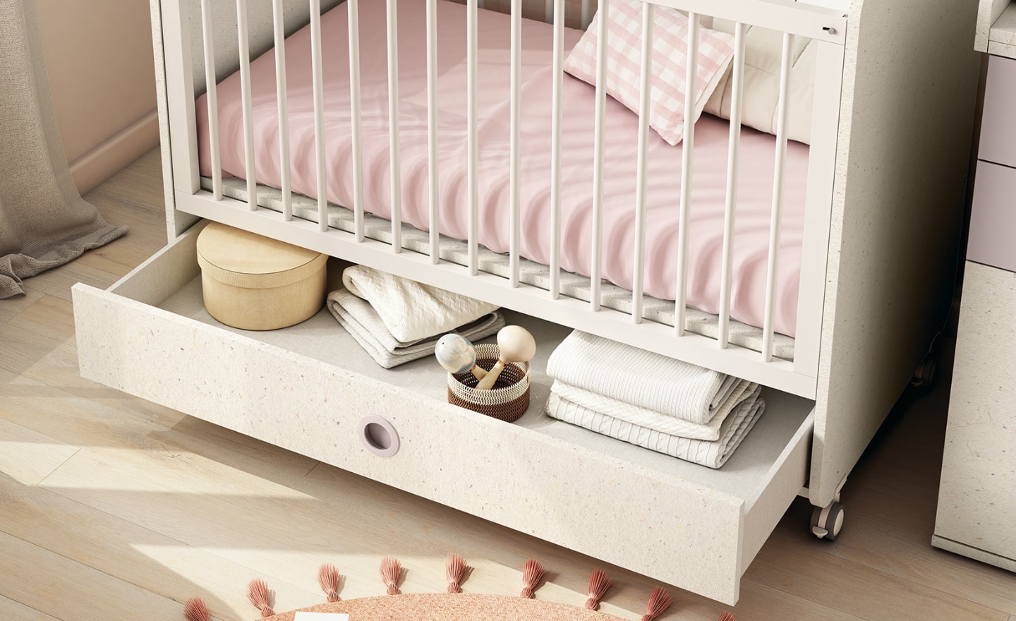 Quarto de Bebé Sonrie 98 com berço, cómoda, cabide e estante de parede | Moveistore