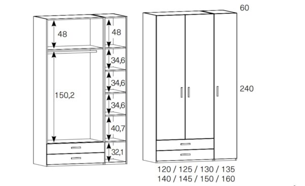Roupeiro 3 portas e 2 gavetas inferiores Sonrie 37 com estrutura robusta e interior dividido | Moveistore