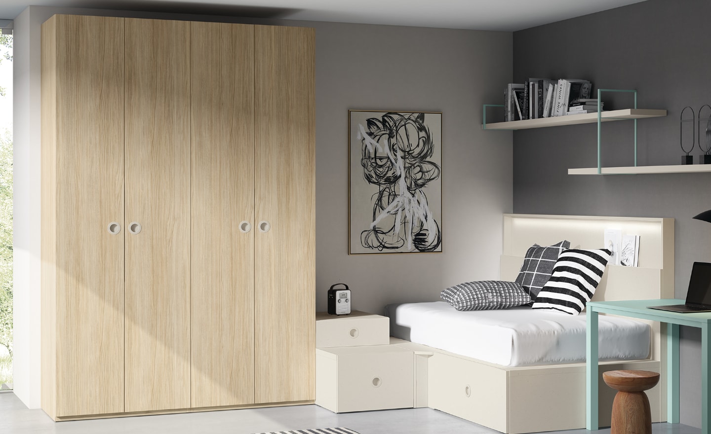 Roupeiro de 4 Portas Sonrie 61 com estrutura robusta, puxadores embutidos e interior funcional para organização juvenil | Moveistore