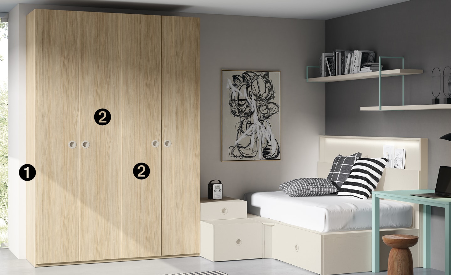 Roupeiro de 4 Portas Sonrie 61 com estrutura robusta, puxadores embutidos e interior funcional para organização juvenil | Moveistore