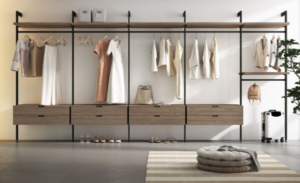 Roupeiro Sonrie 95 – estrutura aberta com gavetas e varões Roupeiro Aberto Sonrie 95 com estrutura metálica e prateleiras modulares design industrial | Moveistore