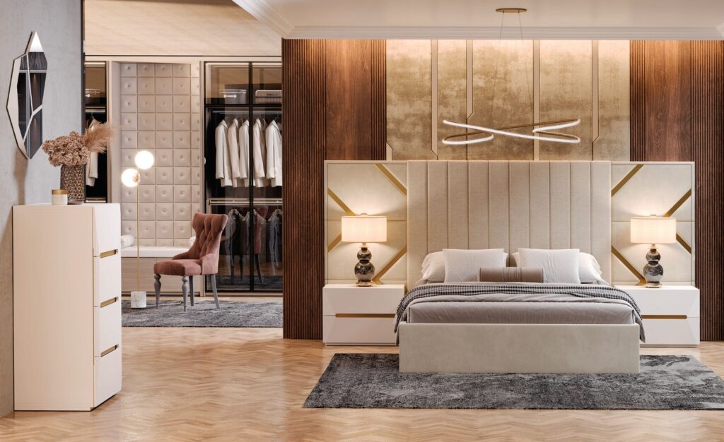 Quarto de Casal Elegance Luxe com cabeceira estofada e detalhes dourados | Moveistore