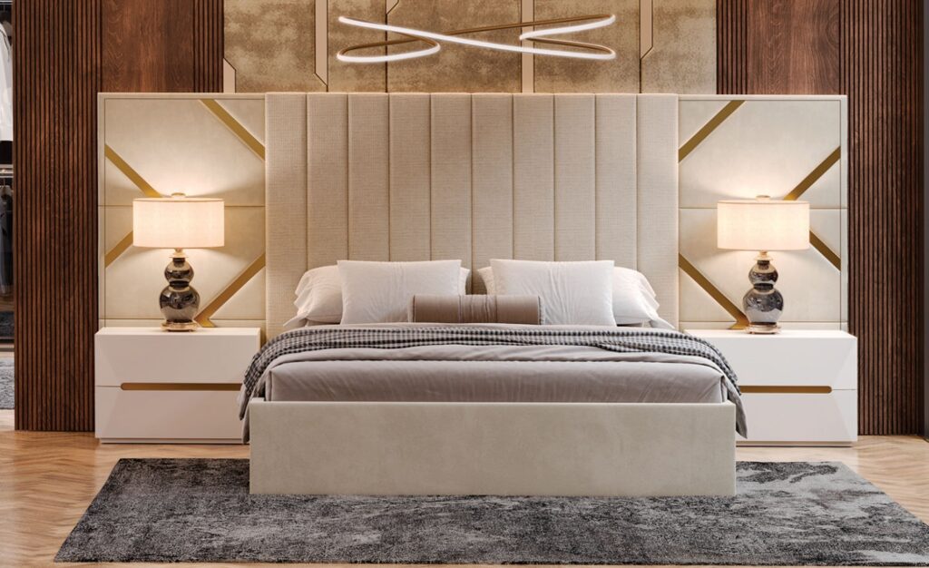 Quarto de Casal Elegance Luxe com cabeceira estofada e detalhes dourados | Moveistore