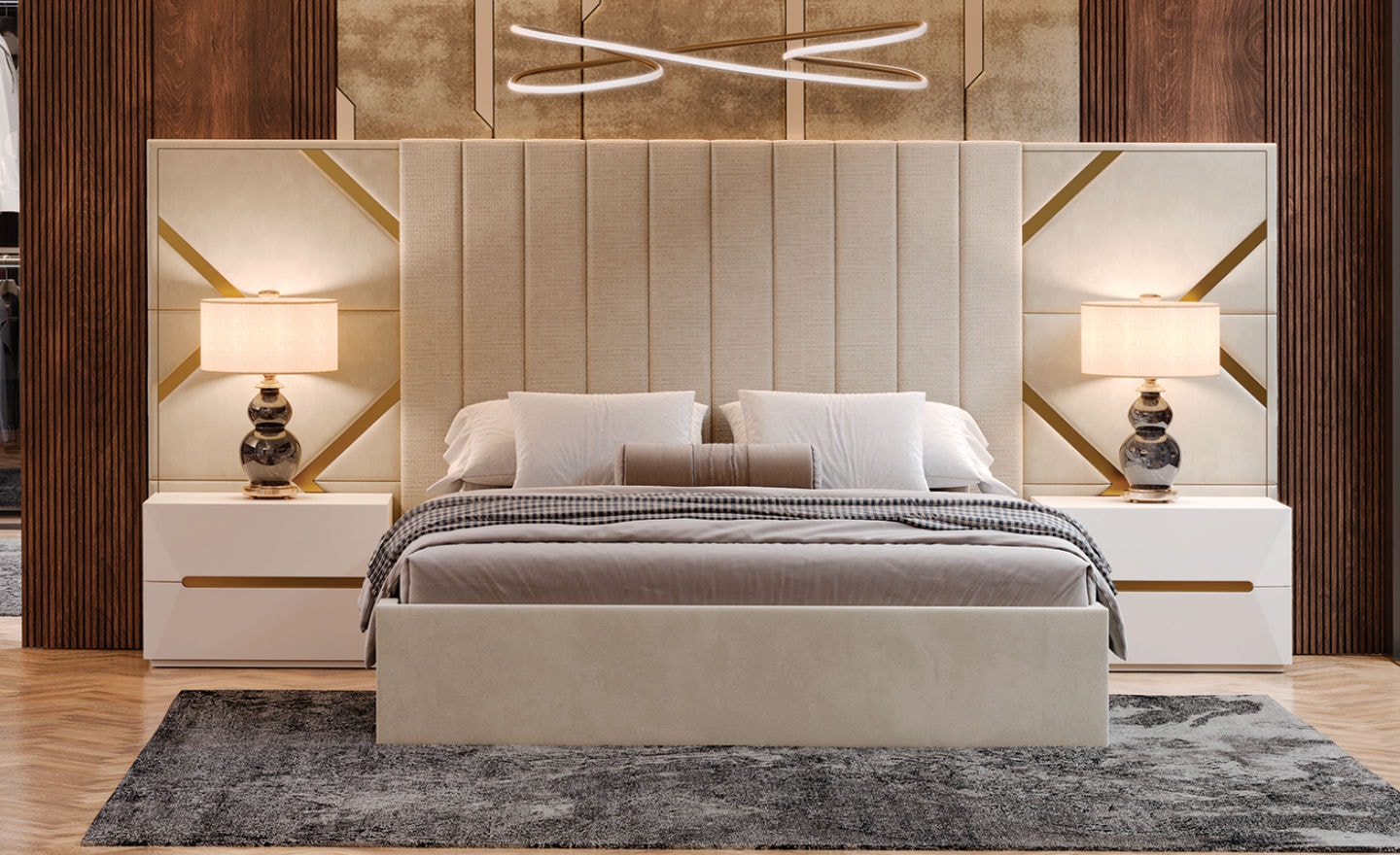 Quarto de Casal Elegance Luxe com cabeceira estofada e detalhes dourados | Moveistore