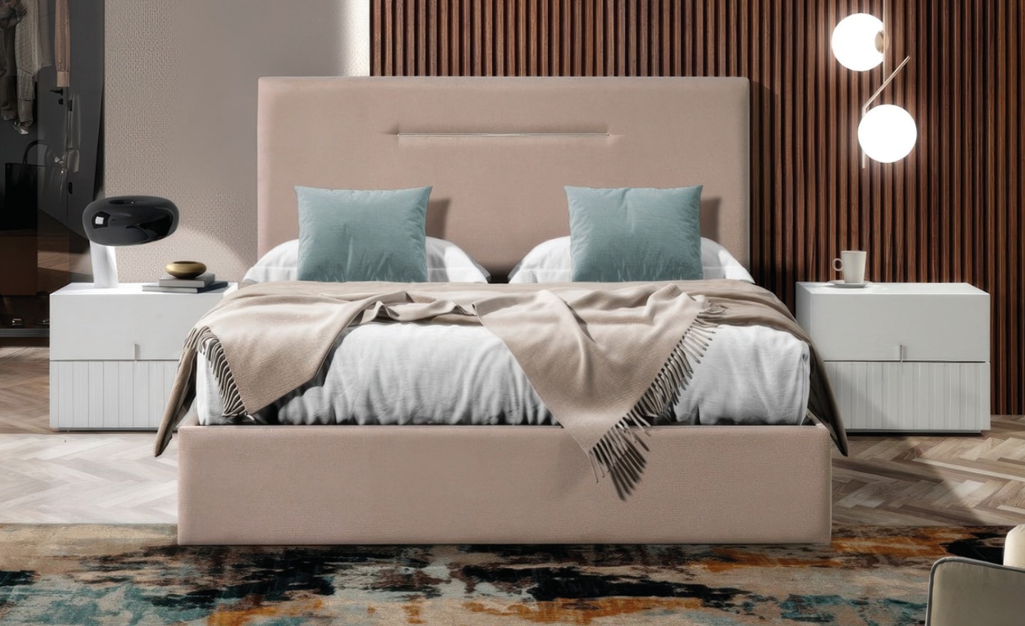 Cama de Casal Essenza com cabeceira estofada em tecido neutro